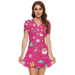 cute pink christmas pattern V-Neck High Waist Chiffon Mini Dress