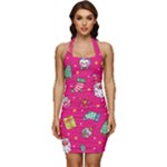 cute pink christmas pattern Sleeveless Wide Square Neckline Ruched Bodycon Dress