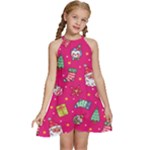 cute pink christmas pattern Kids  Halter Collar Waist Tie Chiffon Dress