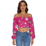 cute pink christmas pattern Long Sleeve Crinkled Weave Crop Top