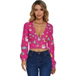 cute pink christmas pattern Long Sleeve Deep-V Velour Top