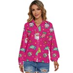 cute pink christmas pattern Women s Long Sleeve Button Up Shirt