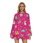 cute pink christmas pattern Round Neck Long Sleeve Bohemian Style Chiffon Mini Dress