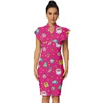 cute pink christmas pattern Vintage Frill Sleeve V-Neck Bodycon Dress