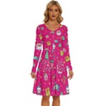 cute pink christmas pattern Long Sleeve Dress With Pocket