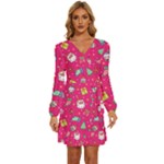 cute pink christmas pattern Long Sleeve Waist Tie Ruffle Velvet Dress