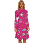 cute pink christmas pattern Long Sleeve Shirt Collar A-Line Dress