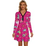 cute pink christmas pattern Long Sleeve Deep V Mini Dress 