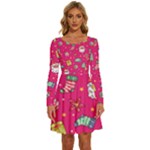 cute pink christmas pattern Long Sleeve Wide Neck Velvet Dress