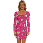 cute pink christmas pattern Long Sleeve Square Neck Bodycon Velvet Dress