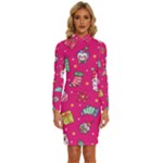 cute pink christmas pattern Long Sleeve Shirt Collar Bodycon Dress