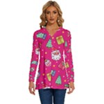 cute pink christmas pattern Long Sleeve Drawstring Hooded Top