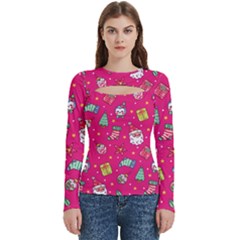 cute pink christmas pattern Women s Cut Out Long Sleeve T