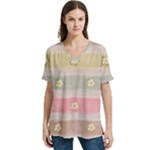 stripes floral designs V-Neck Split Shoulder Casual T-Shirt