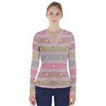 stripes floral designs V-Neck Long Sleeve Top