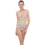 stripes floral designs Halter Front Plunge Swimsuit