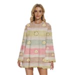 stripes floral designs Round Neck Long Sleeve Bohemian Style Chiffon Mini Dress