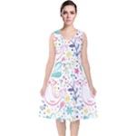 cute bird pattern V-Neck Midi Sleeveless Dress 