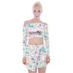 cute bird pattern Off Shoulder Top with Mini Skirt Set