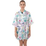 cute bird pattern Half Sleeve Satin Kimono 