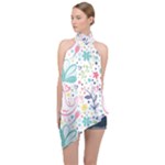 cute bird pattern Halter Asymmetric Satin Top