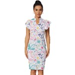 cute bird pattern Vintage Frill Sleeve V-Neck Bodycon Dress