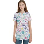 cute bird pattern Women s Zip Front V-Neck Short Sleeve Casual Top Pocket Shirt