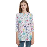 cute bird pattern Women s Zip Front V-Neck 3/4 Sleeve Casual Top Pocket Shirt