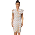 shells pattern Vintage Frill Sleeve V-Neck Bodycon Dress