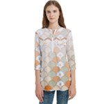 shells pattern Women s Zip Front V-Neck 3/4 Sleeve Casual Top Pocket Shirt