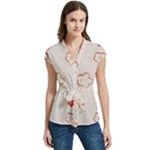 Floral Pattern Women s Cap Sleeve Mandarin Collar Waist Tie Blouse