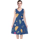 Cute Korean Pattern V-Neck Midi Sleeveless Dress 