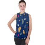 Cute Korean Pattern Mock Neck Chiffon Sleeveless Top