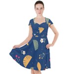 Cute Korean Pattern Cap Sleeve Midi Dress With Pockets