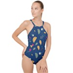 Cute Korean Pattern High Neck One Piece Swimsuit