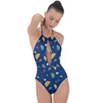 Cute Korean Pattern Plunge Cut Halter Swimsuit