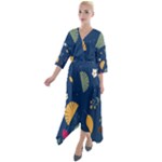 Cute Korean Pattern Quarter Sleeve Wrap Front Maxi Dress