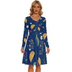 Cute Korean Pattern Long Sleeve Dress With Pocket