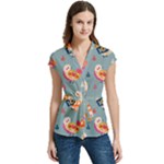 Cute Bird Pattern Women s Cap Sleeve Mandarin Collar Waist Tie Blouse