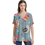 Cute Bird Pattern V-Neck Split Shoulder Casual T-Shirt