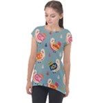 Cute Bird Pattern Cap Sleeve High Low Top