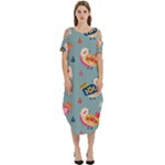 Cute Bird Pattern Cold Shoulder Loose Fit Dress With Pockets