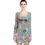 Cute Bird Pattern Long Sleeve Velvet Bodycon Dress