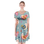 Cute Bird Pattern Short Sleeve V-neck Flare Dress