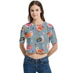 Cute Bird Pattern Women s Round Neck Short Sleeve Crop Top