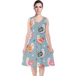 Cute Bird Pattern V-Neck Midi Sleeveless Dress 