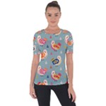 Cute Bird Pattern Shoulder Cut Out Short Sleeve Top