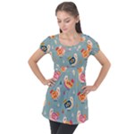 Cute Bird Pattern Puff Sleeve Tunic Top