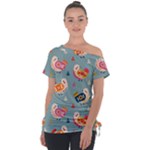 Cute Bird Pattern Off Shoulder Tie-Up T-Shirt