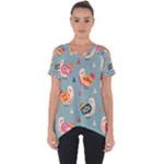 Cute Bird Pattern Cut Out Side Drop T-Shirt